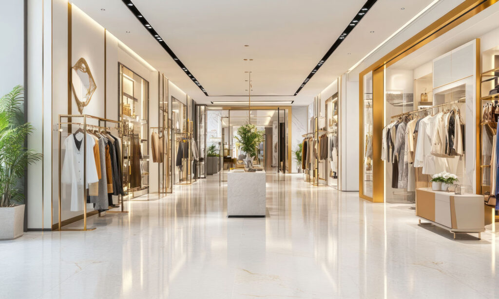 Stock image of Retail sector showing a shop floor with gold coloured metal frames and hanging clothing showcasing our abilities in manufacturing for the retail industry