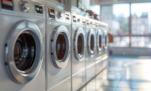 stock image of a bank of washing machines at a laundrette demonstrating Unifabs capabilities in the white goods sector