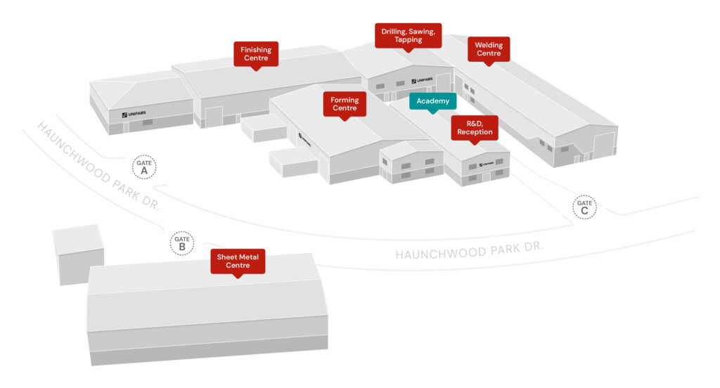 Unifabs sheet metal manufacturing facility site plan with centres listed