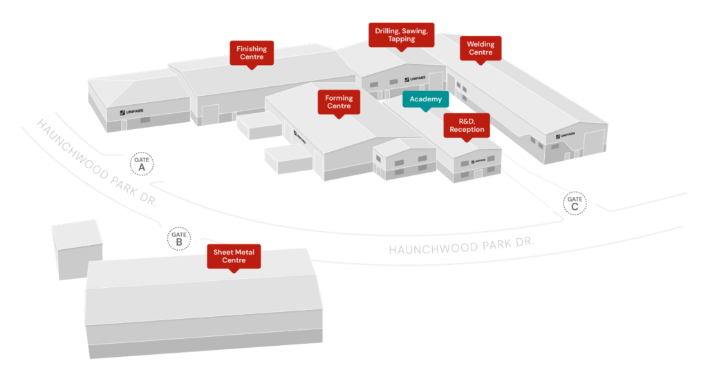 Unifabs sheet metal manufacturing facility site plan with centres listed