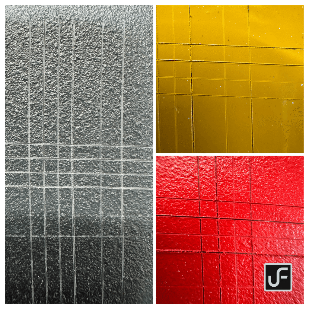 Cross-hatch samples in grey red and yellow powder coated finish
