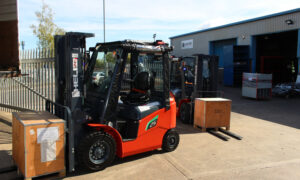 Two Heli LI ion-M G2 25 electric forklifts parked in the Unifabs Sheet Metal Manufacturing yard in Nuneaton UK